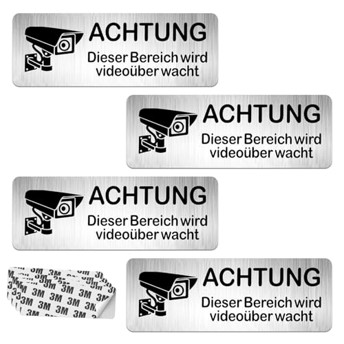4 Stück Videoüberwachung Schild, 85mm×30mm Selbstklebend Aluminium Schild Warnschild, Achtung Videoüberwachung Schild Privatgrundstück, Schilder Kameraüberwachung, Warnschild,für Außen von Volhuluk