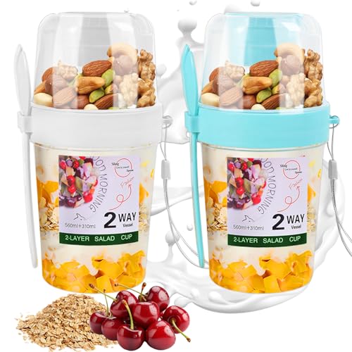 Volhuluk 3 in 1 Müslibecher to Go mit LöFfel,Set 2 560ml+310ml Joghurtbecher to Go mit Dressing Behälter,100% BPA FREI,Auslaufsicherer Overnight Müsli to Go Becher,Praktischer Müslibecher für Picknick von Volhuluk