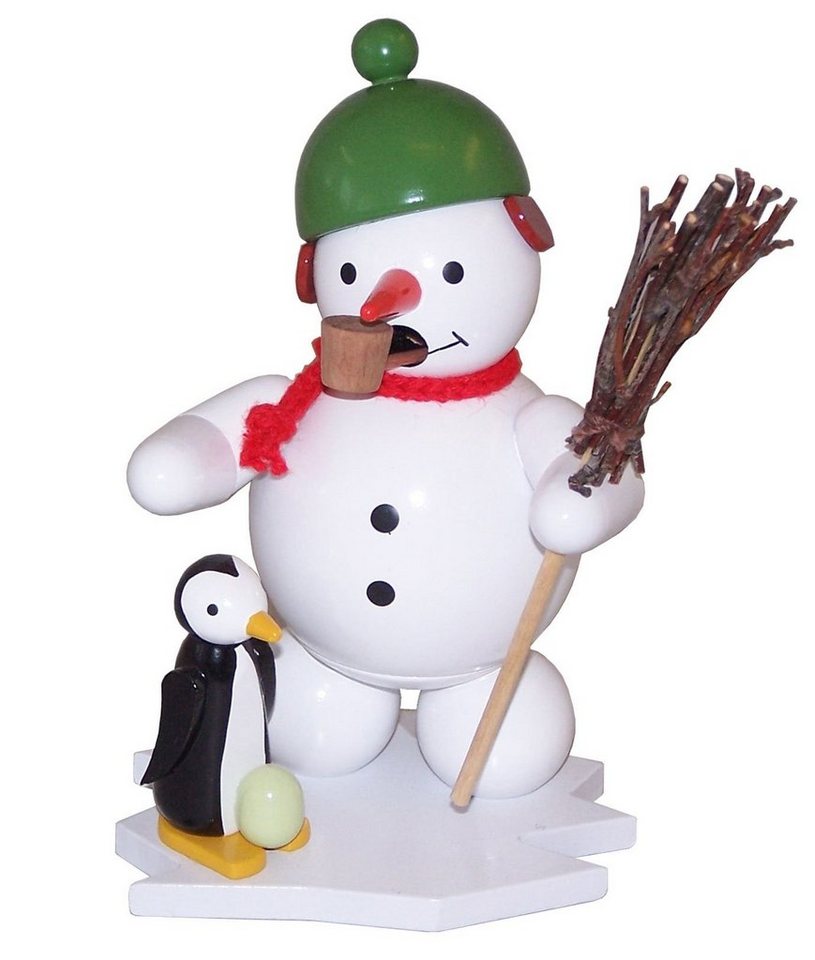 Volkskunst Zenker Räuchermännchen Räuchermann Schneemann mit Pinguin und Besen Höhe 13cm NEU von Volkskunst Zenker