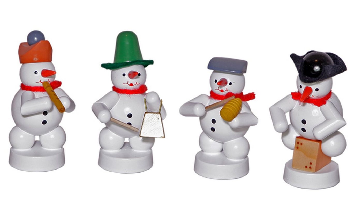 Volkskunst Zenker Schneemann Weihnachtsdekoration Schneemannkapelle, 4 Figuren Flöte, Glocke, Gui von Volkskunst Zenker