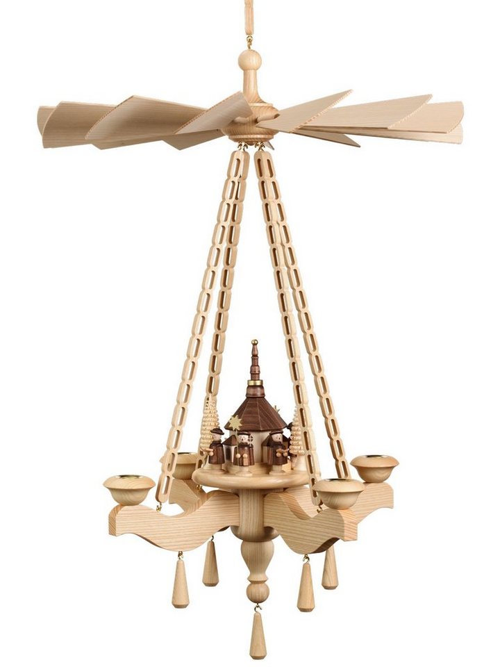 Volkskunstwerkstatt Unger Weihnachtspyramide Deckenpyramide 65cm, Kurrende mit Kirche von Volkskunstwerkstatt Unger