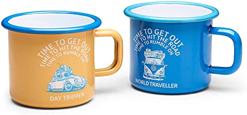 Volkswagen 7E9069601 Emaille Becher Tasse VW T1 Bulli Käfer Kaffeetasse Teetasse, 2 Stück, blau/gelb von Volkswagen