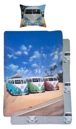 Volkswagen Bettwäsche VW Bus Bulli Strand Palmen Bezug 135x200cm Kissen 80x80cm Renforcé mit Reißverschluss 100% Baumwolle … von Volkswagen