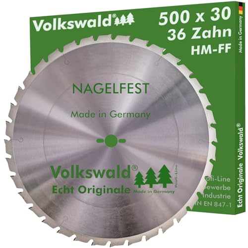 Volkswald ® HM-Sägeblatt FF 500 x 30 mm Z= 36 Nagelfest Kreissägeblatt für Wippsäge Tischkreissäge Brennholzsäge f. Bauholz Brennholz Schalholz Schaltafel Gasbetonstein Faserplatten Massivholz von Volkswald