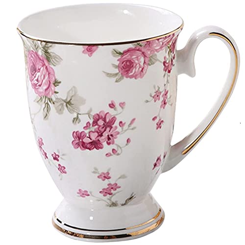 VollfitYYu Kaffeetasse Kaffeebecher aus Porzellan,300ml Keramiktasse Blumenmotiv Teetasse mit Griff Milchbecher Kakaobecher Muslitasse Für Zuhause Büro Café (Rosa-Rosenblumen) von VollfitYYu