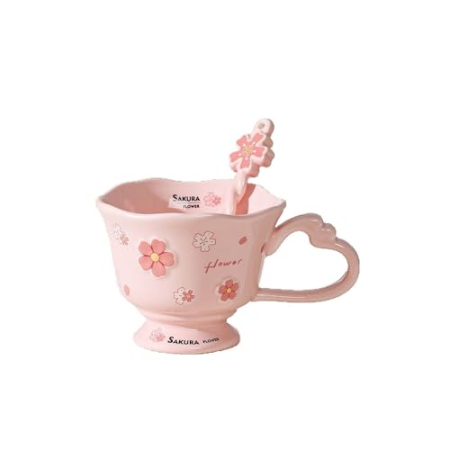 VollfitYYu Keramik Blumentasse süße Kafeetasse mit Löffel 380ml Porzellan Kakaobecher Kirschblüte Blumenmuster Milchbecher Frühstückstasse Geschenk für Frauen Mädchen Mama Freundin (Rosa) von VollfitYYu