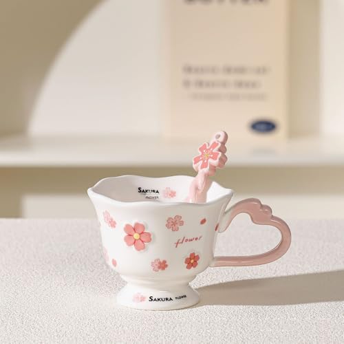 VollfitYYu Keramik Blumentasse süße Kafeetasse mit Löffel 380ml Porzellan Kakaobecher Kirschblüte Blumenmuster Milchbecher Frühstückstasse Geschenk für Frauen Mädchen Mama Freundin (Weiß) von VollfitYYu