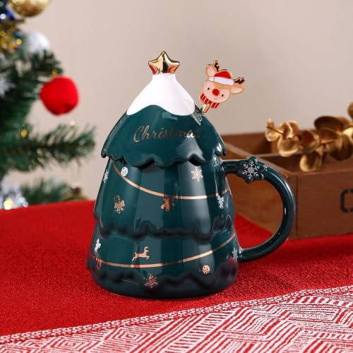 VollfitYYu Neuheite Weihnachtstasse 3D Weihnachtsbaum Kaffeebecher mit Deckel und Löffel 400ml Porzellan Weihnachtsbecher Geschenk für Halloween Weihnachten Neujahr Geburtstag (Grün) von VollfitYYu