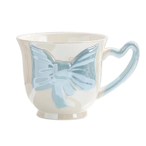 VollfitYYu Niedliche Kaffeetasse 450ml großer Kaffeebecher süß Schleife Kakaobecher Milchbecher Porzellan Müslitasse Haferflockentasse für Frauen Mädchen Freundin Kollegin (Blau) von VollfitYYu