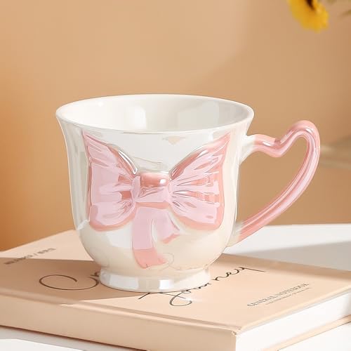 VollfitYYu Niedliche Kaffeetasse 450ml großer Kaffeebecher süß Schleife Kakaobecher Milchbecher Porzellan Müslitasse Haferflockentasse für Frauen Mädchen Freundin Kollegin (Rosa) von VollfitYYu