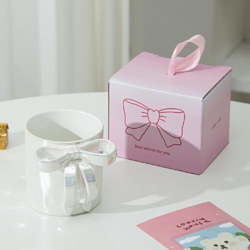 VollfitYYu Niedliche Kaffeetasse mit Schleife Henkel Perlglanz Porzellan Kaffeebecher Frühstückstasse Milchbecher Bürobecher Geschenk für Frau Freundin Mama Kollegin (Weiß-Schleife) von VollfitYYu