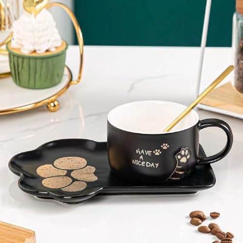 VollfitYYu Nielidche Katze Kaffeetasse mit Untertasse und Löffel Porzellan Esspressotasse Set Süß Katze Krallen Muster 200 ml Latte Cappuccino Tasse Geschenk für Katzenliebhaber (Schwarz) von VollfitYYu