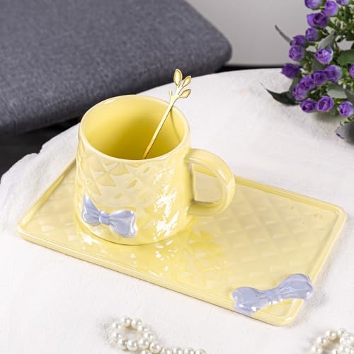 VollfitYYu Süße Schleife Kaffeetasse Kreative Tasse mit Unterteller(22.3x13.3cm) und Löffel 350ml Porzellanbecher Frühstückstasse für Muttertag Valentinstag Geburtstag Jubiläum (Gelb) von VollfitYYu