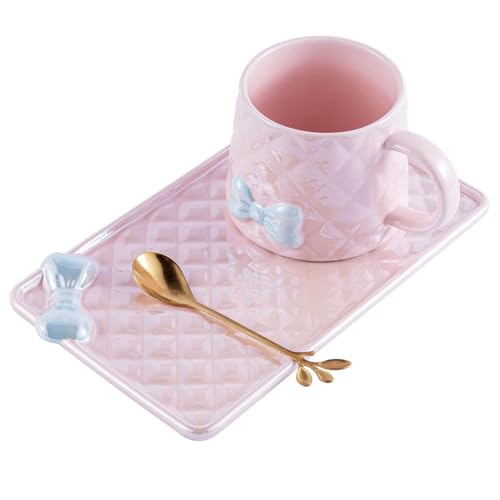 VollfitYYu Süße Schleife Kaffeetasse Kreative Tasse mit Unterteller(22.3x13.3cm) und Löffel 350ml Porzellanbecher Frühstückstasse für Muttertag Valentinstag Geburtstag Jubiläum (Rosa) von VollfitYYu