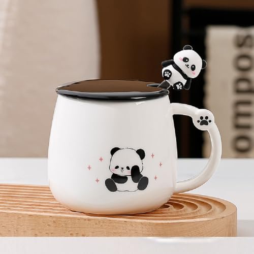VollfitYYu süße Pandatasse mit Deckel lustige Kaffeetasse mit 3D Panda Löffel Keramik Kaffeebecher Cute Pandabecher Panda Motiv Teetasse für Frauen Kinder Männer Freundin Jungen (Denken-Panda) von VollfitYYu