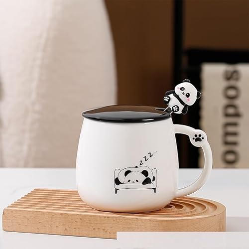 VollfitYYu süße Pandatasse mit Deckel lustige Kaffeetasse mit 3D Panda Löffel Keramik Kaffeebecher Cute Pandabecher Panda Motiv Teetasse für Frauen Kinder Männer Freundin Jungen (Schlafen-Panda) von VollfitYYu
