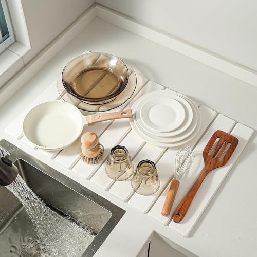 Volminex Große Abtropfmatten aus Stein für Küchentheke, schnell trocknend, faltbar, umweltfreundlich, Kieselgur, saugfähig, für Geschirr, Flaschen, Tassen, passend für jede Arbeitsplatte (weiß, 30,5 x von Volminex