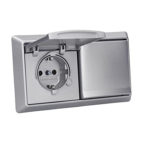 Busch-Jaeger Allwetter 44 Set: 2x SCHUKO Unterputz Steckdose mit Klappdeckel 20 EUGK-33-101 + 2-fach Rahmen 2102-33 Alusilber UP IP44 von Voltking