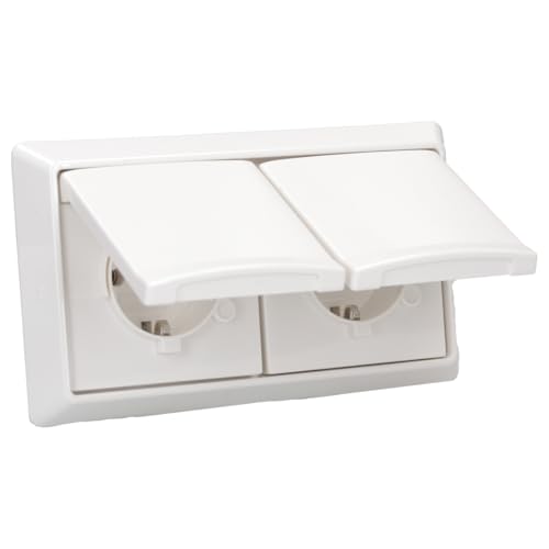 Busch-Jaeger Allwetter 44 Set: 2x SCHUKO Unterputz Steckdose mit Klappdeckel 20 EUGK-34-101 + 2-fach Rahmen 2102-34 Alpinweiß UP IP44 von Voltking