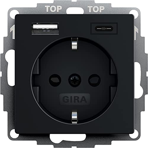 Gira 2459005 SchukoSteckdose USB-Anschluss Shutter Berührungsschutz 2-fach Typ A(max.2,4A) Typ C(max.3A) System 55 Schwarz matt UP Unterputz Schutzkontaktsteckdose Wandsteckdose Smartphone Tablet 32mm von Voltking