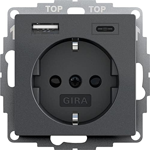 Gira 245928 Schuko Steckdose USB-Anschluss Shutter Berührungsschutz 2-fach Typ A (max.2,4A) Typ C (max.3A) System 55 Anthrazit UP Unterputz Schutzkontaktsteckdose Wandsteckdose Smartphone Tablet 32mm von Voltking