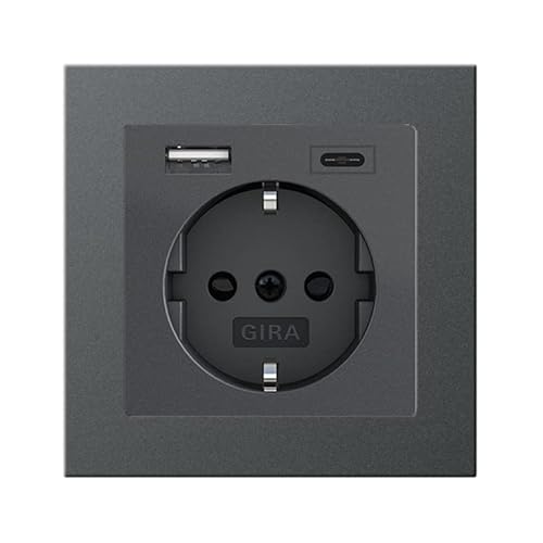 Gira Komplett Set 1x 245928 Schuko USB Anschluss Steckdose Shutter Berührungsschutz Typ A(max.2,4A) Typ C(max.3A) 1x 021123 1-fach Rahmen E2 Anthrazit UP Unterputz Wandsteckdose Smartphone Tablet von Voltking