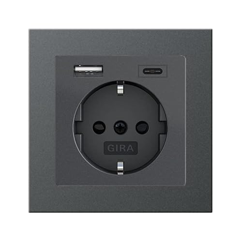 Gira Komplett Set 245928 Schuko Steckdose USB-Anschluss Shutter Berührungsschutz Typ A (max.2,4A) Typ C (max.3A) 021123 1-fach Rahmen E2 Anthrazit UP Unterputz Wandsteckdose Smartphone Tablet von Voltking