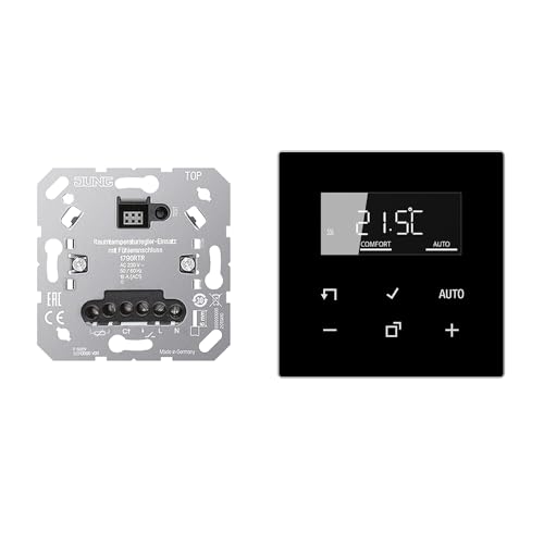 JUNG Home Raumthermostat-Set mit 1790RTR Raumtemperaturregler-Einsatz mit Fühleranschluss + BTA1791SW Raumthermostat-Display Glas Schwarz Serie LS von Voltking