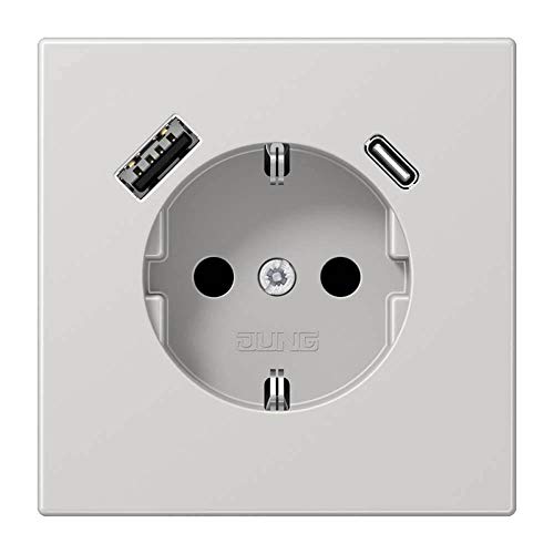 Jung LS1520-15CALG SCHUKO-Steckdose mit USB Typ AC (max. 3A) mit erhöhtem Berührungsschutz (Thermoplast bruchsicher) Lichtgrau Serie LS von Voltking
