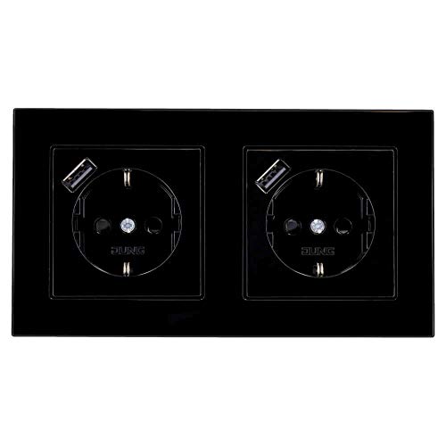 Jung SCHUKO USB-Steckdose Typ A (max. 3A) Komplett-Set Serie A: 2x Steckdose A152018ASW und 2-fach Rahmen A5582BFSW Schwarz von Voltking