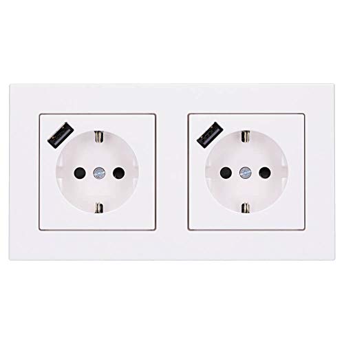 Jung SCHUKO USB-Steckdose Typ A (max. 3A) Komplett-Set Serie A: 2x Steckdose A152018AWW und 2-fach Rahmen A5582BFWW Alpinweiß von Voltking