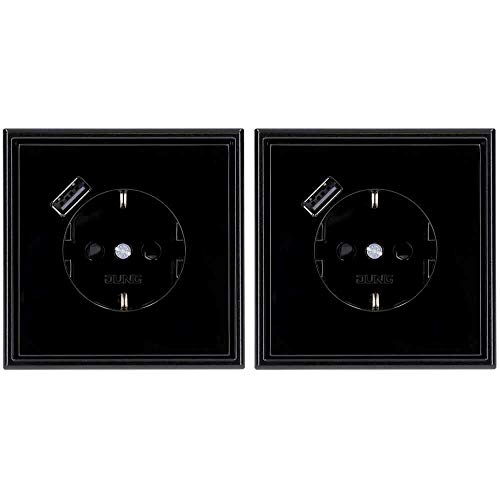 Jung SCHUKO USB-Steckdose Typ A (max. 3A) Komplett-Set Serie LS: 2x Steckdose LS152018ASW und 2x 1-fach Rahmen LS981SW Schwarz von Voltking