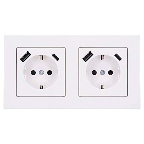 Jung SCHUKO USB-Steckdose Typ AC (3A) Komplett-Set Serie A: 2x Steckdose A152015CAWW und 2-fach Rahmen A5582BFWW Alpinweiß von Voltking