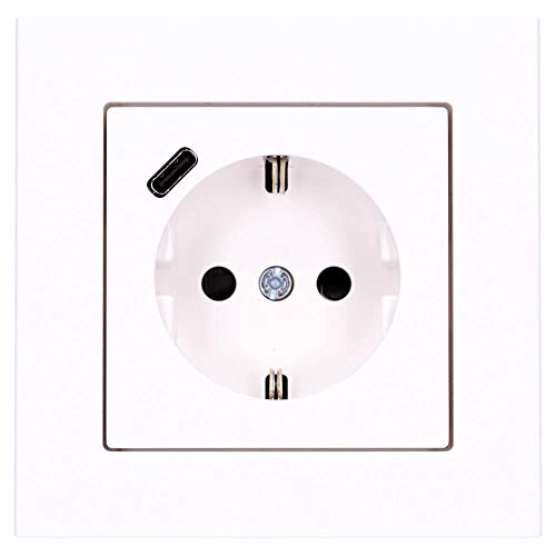Jung SCHUKO USB-Steckdose Typ C (max. 3A) Komplett-Set Serie A: Steckdose A152018CWW und 1-fach Rahmen A5581BFWW Alpinweiß von Voltking