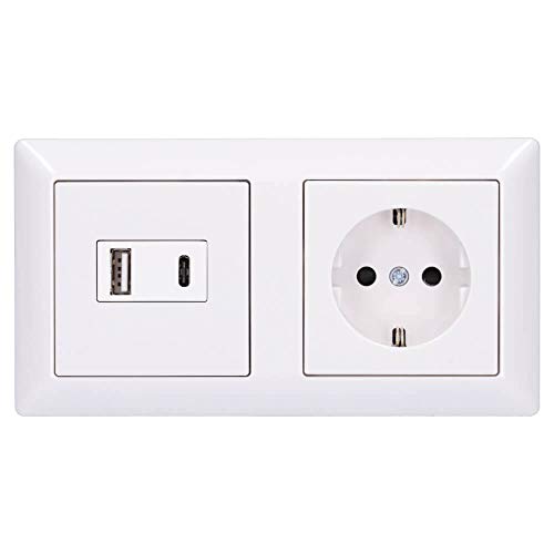Jung USB-Ladegerät USB15CAWW Komplett-Set mit 2 USB-Buchsen Ports: 1× USB Typ A, 1 ×Typ C (max. 3A) mit Abdeckung A1569USBWW, SCHUKO Steckdose A1520KIWW und 2-fach Rahmen AS582WW Alpinweiß Serie AS von Voltking