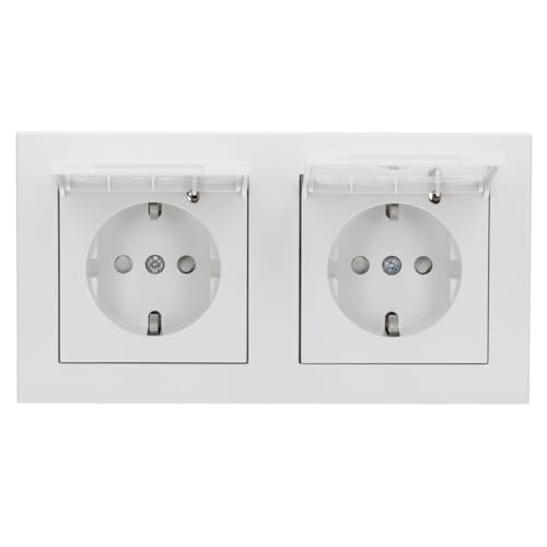 Panasonic Karre Plus 55 Komplett-Set: 2x WDTT03102WH Steckdose mit Klappdeckel + WDTF00022WH Rahmen 2-fach, reinweiß 55x55 mm + 2x WDTC07114NC Dichtungsset IP44 von Voltking
