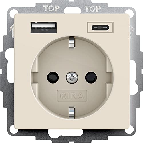 Voltking Gira 245901 SchukoSteckdose USB-Anschluss Shutter Berührungsschutz 2-fach Typ A(max.2, 4A) C(max.3A) System 55 Cremeweiß UP Unterputz Schutzkontaktsteckdose Smartphone Tablet 32mm von Voltking