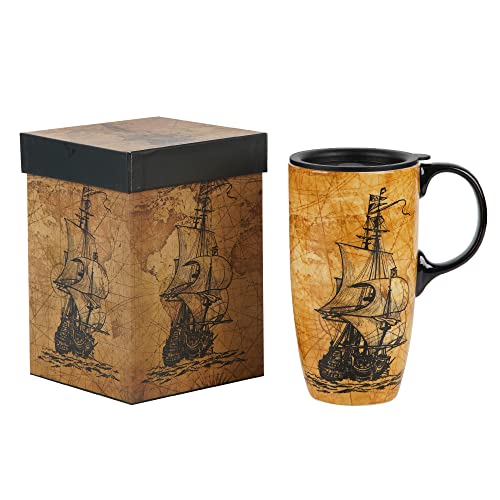 Voltogar Keramik-Reise-Kaffeetasse mit Deckel und Griff für Zuhause & Geschenk & Büro, 480 ml, Porzellan, hohe Teetasse, Blumenkunst, in farbiger Box, Reise & Segelboot, 16,5 cm hoch von Voltogar