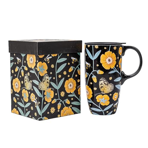 Voltogar Keramiktasse, Reise-Kaffeetasse mit Deckel für Zuhause und Büro, 480 ml, Porzellan, große hohe Teetasse mit Griff, Blumenkunst in farbiger Box, 16,5 cm hoch, schwarze und gelbe Blumen-Tasse von Voltogar