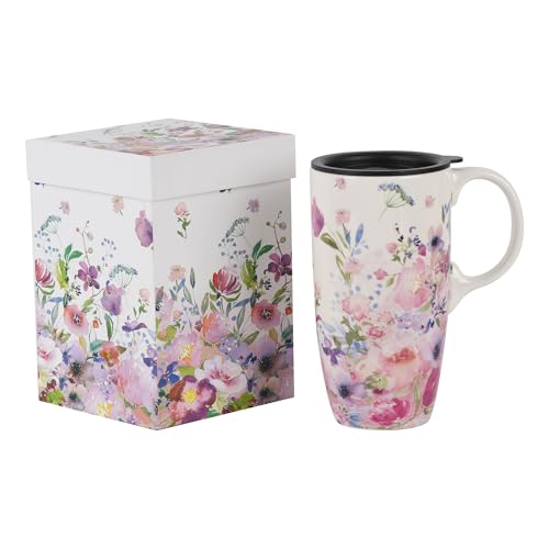 Voltogar Keramiktasse Reise-Kaffeetasse mit Deckel für Zuhause und Büro, 482 ml, Porzellan, hohe Teetasse mit Griff, rosa und weiße Blumen-Tasse, Kunstmuster in farbiger Box, 16,5 cm H von Voltogar