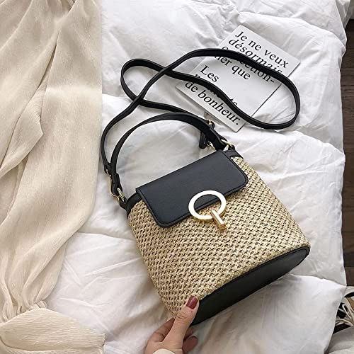 Volu Strohtasche Lässige Ketten Stroh Eimer Taschen Frauen Sommer Umhängetasche Rattan Taschen Strand Dame Reise Geldbörsen Und Handtaschen Umhängetasche,Schwarz,20x10x21cm,incomparable123 von Volu