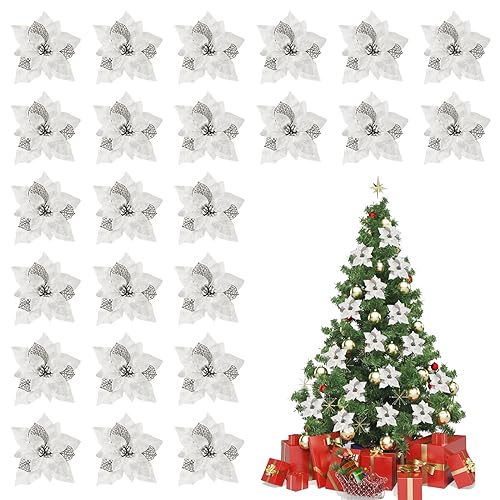 Volumoon 24 Stück Künstliche Weihnachtsstern-Blumen, Glitzernde Weihnachtsblumen aus Künstlichem Stoff, Weihnachtsbaumschmuck, für Kränze, Girlande, Hochzeit, Party, Festival, Ornament (Silber) von Volumoon