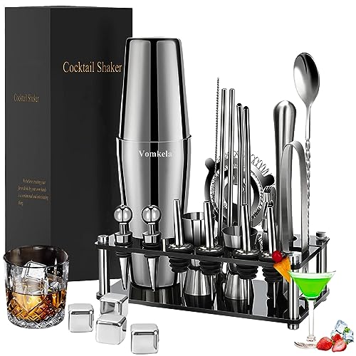 Cocktail Shaker Set,Boston Cocktail Shaker mit Ständer,25pcs Bar Zubehör Barkeeper Cocktail Mixer Zubehör,750ml Edelstahl Cocktailshaker Geschenken Cocktail Deko Bartheke Ausgießer Spirituosen von Vomkela