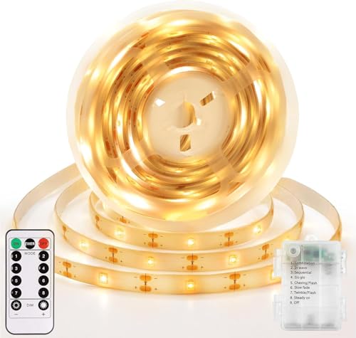 Vomkela Led Streifen Batterie 3 Meter,8 Modi Led Streifen Selbstklebend,90 Led Strip mit Fernbedienung Timer für Zimmer,Wohnzimmer,Bar,Party (Warm White, 3M) von Vomkela