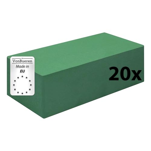 VonBueren 20 x Steckschaum nass Steckschwamm für Blumen | ca. 23 x 11 x 7,5 cm je Blumensteckschaum | Steckmasse zum Basteln | Steckmoos | für Kunstblumen und Frischblumen | Made in EU von VonBueren