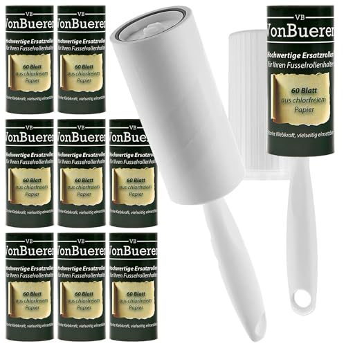 Fusselrolle Tierhaare 10 Rollen VonBueren | +2 Abroller + 2 Hüllen | Fusselrollen für Kleidung | Fusselbürste | Lint Roller | für Hunde und Katzen von VonBueren