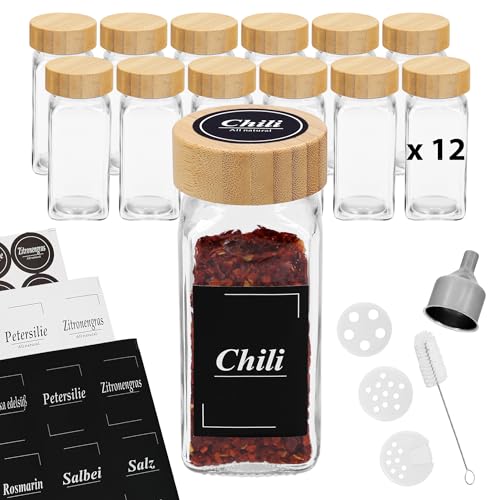 Gewürzgläser eckig leer mit Bambusdeckel VonBueren | 12 x 120 ml | Gewürzbehälter mit Streueinsatz | spice jars glas | Gewürzstreuer aus Glas von VonBueren