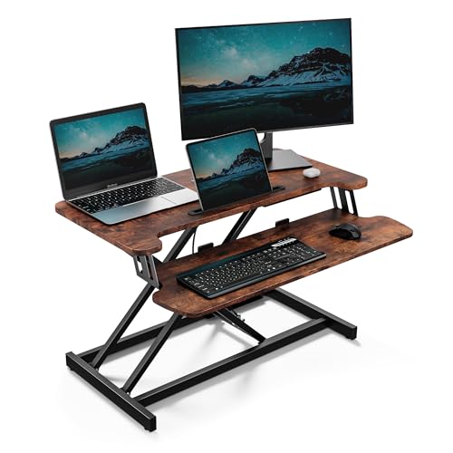 VonHaus Steh Schreibtischaufsatz, Höhenverstellbar Sitz-/Ständer, Schreibtisch Aufsatz Erhöhung mit Tastaturablage, Dual-Monitor-Halter & Tabletfach (Dunkle Holz) von VonHaus