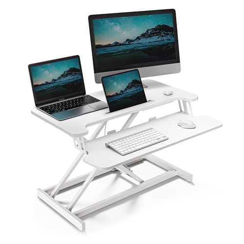 VonHaus Steh Schreibtischaufsatz, Höhenverstellbar Sitz-/Ständer, Schreibtisch Aufsatz Erhöhung mit Tastaturablage, Dual-Monitor-Halter & Tabletfach (Weiße) von VonHaus