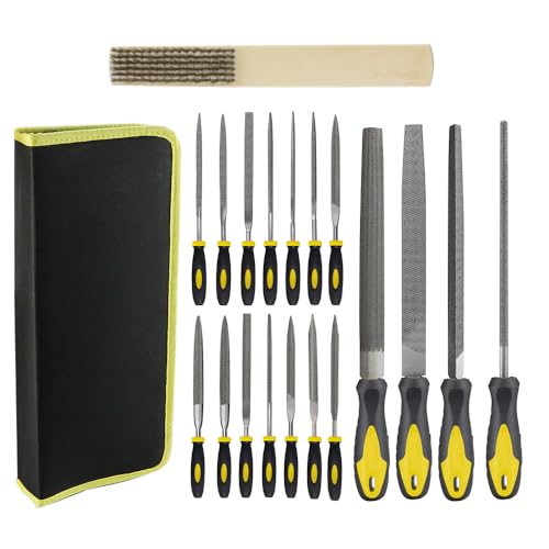 19pcs Feilen Set inkl 14pcs Mini Nadelfeilen und 4pcs Großes Feilenset & Bürste, Profi Kohlenstoffstahl Feilensatz für Holz und Metall, Dreikantfeile/Flachstumpfeile/Rundfeile/Halbrundfeile von VonLux